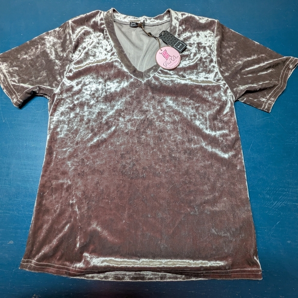 M//C MICHELLE BY COMUNE Velvet V-Neck T-Shirt charcoal - Picture 1 of 6